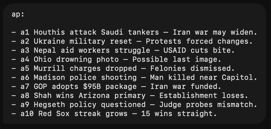 ap: briefing — a1 Houthis attack Saudi tankers through a10 Red Sox streak grows