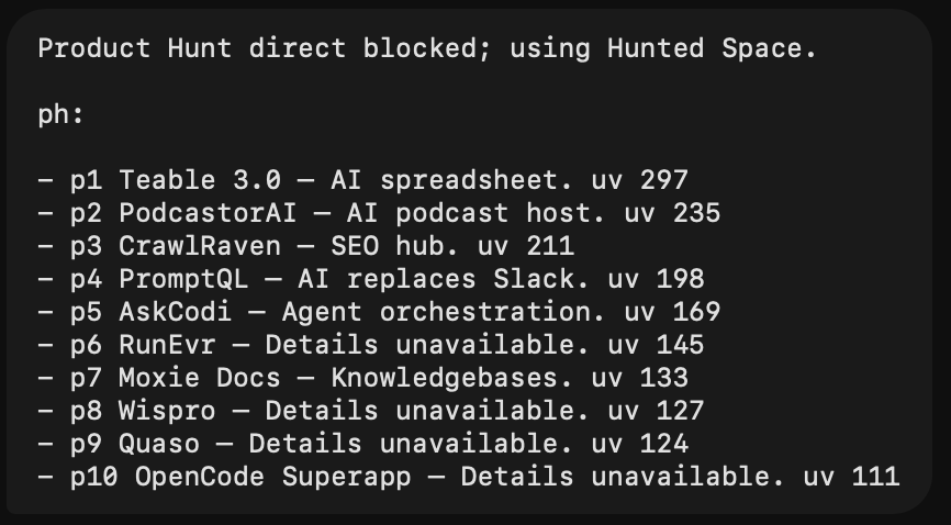 ph: briefing with Hunted Space fallback — p1 Teable 3.0 uv 297 through p10 OpenCode Superapp uv 111