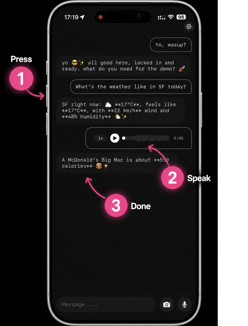 Press the iPhone Action Button, speak your question, get a response from chat4000